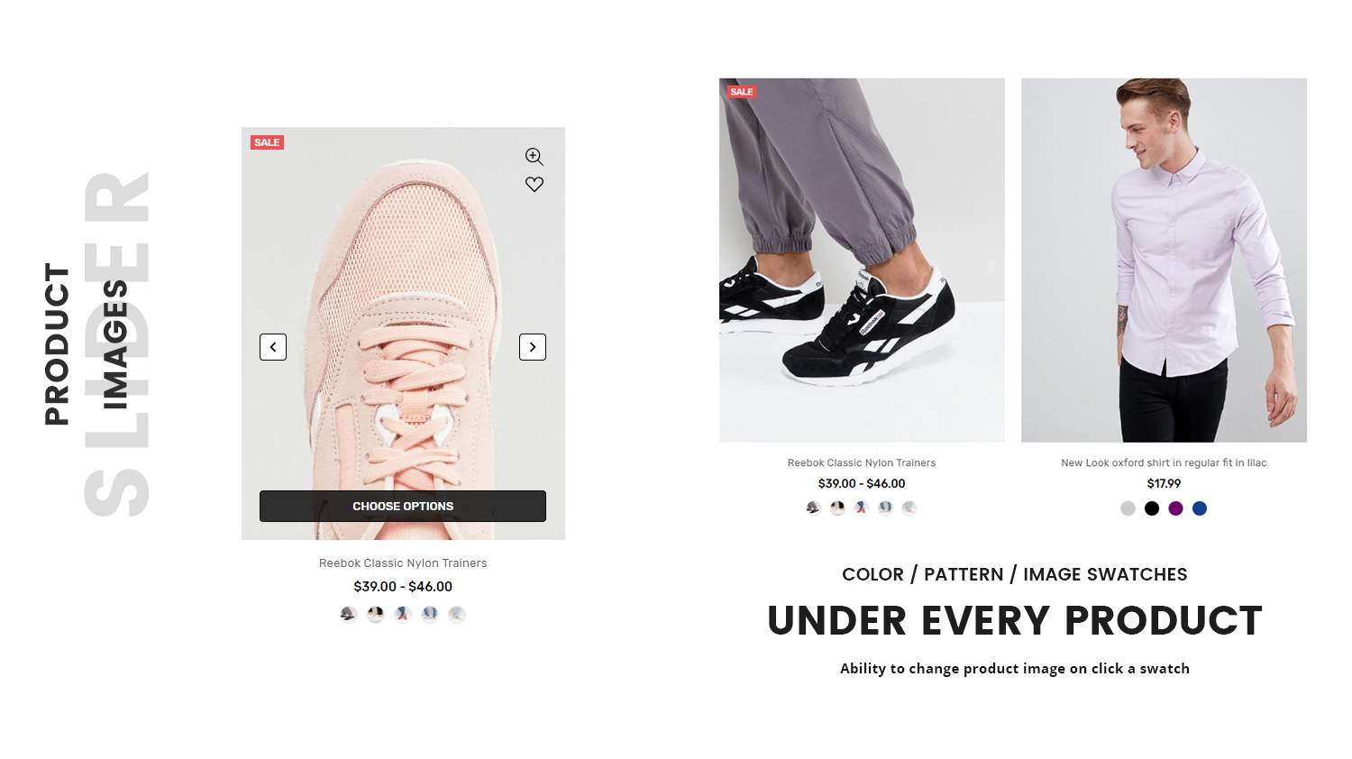 product image sliders, color image swatches under every product