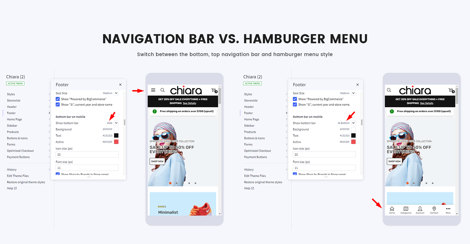 Navigation bar vs. Hamburger menu. Switch between the bottom, top navigation bar and hamburger menu style.