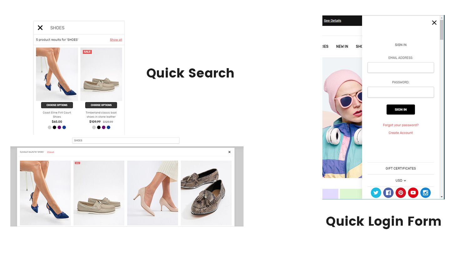 Quick search, Quick login form.