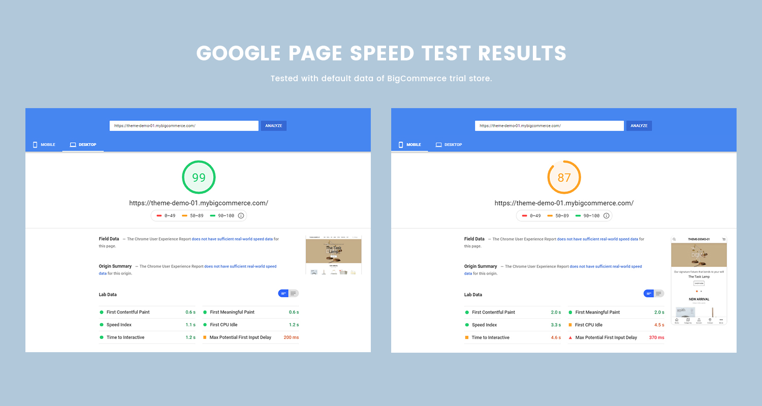 Google page speed test result. Tested with default data of BigCommerce trial store.