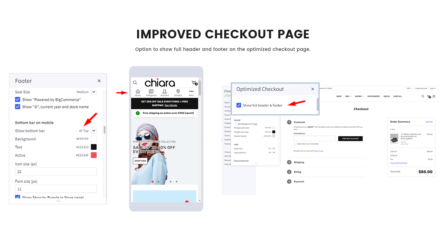 Improved checkout page. Option to show full header and footer on the optimized checkout page.