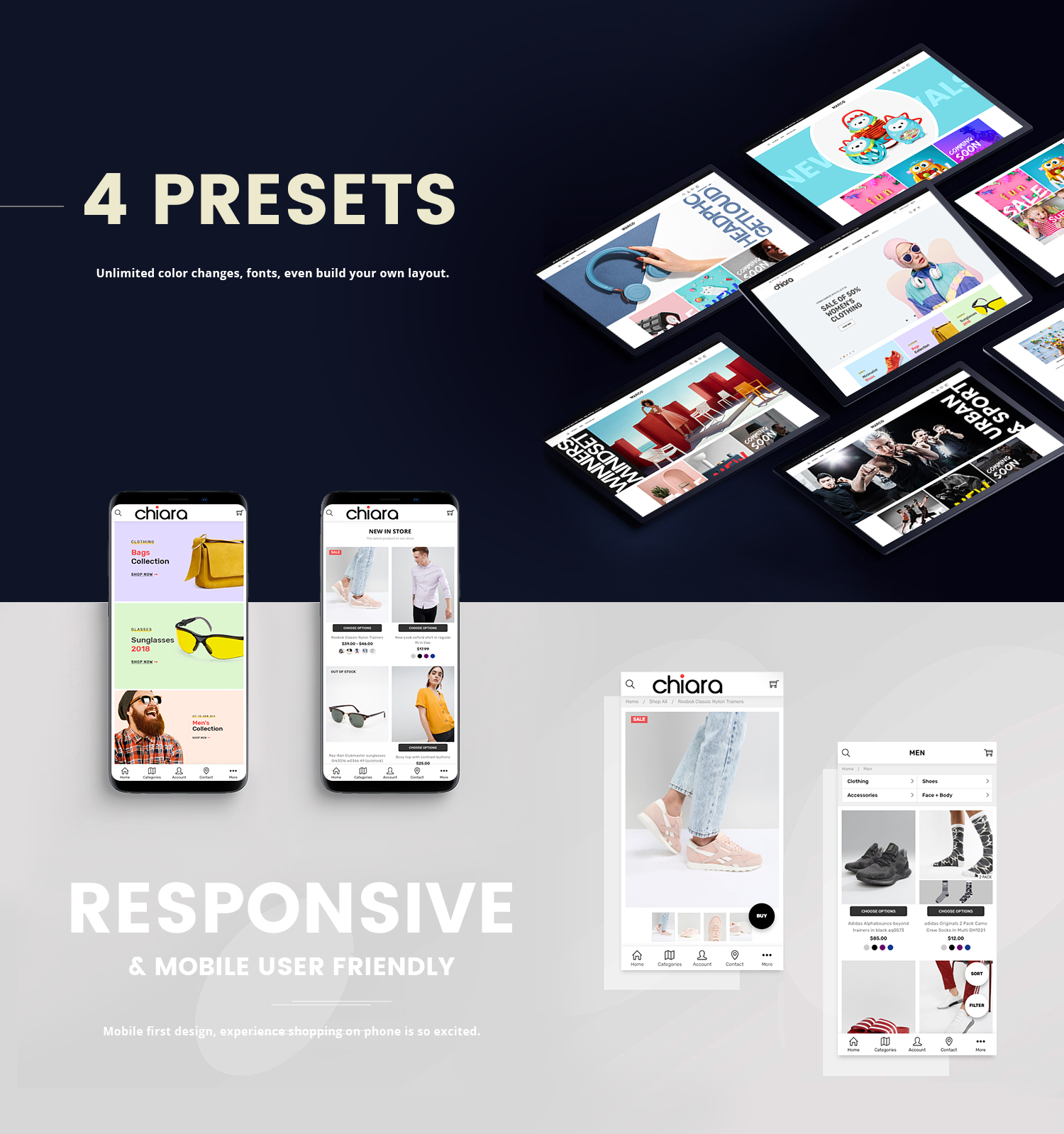 4 presets. Unlimited color changes, fonts, even build your own layout.