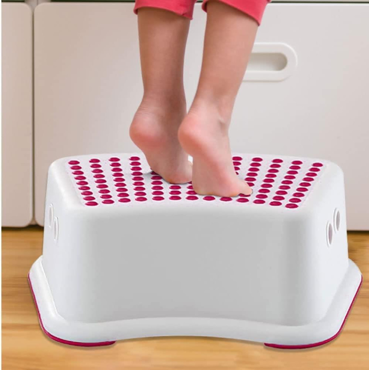 SPICOM Plastic Child Foot Step Stool Anti-Slip Cover on Top With For Children kids with a Max Weight of 77 lb Pink /White 