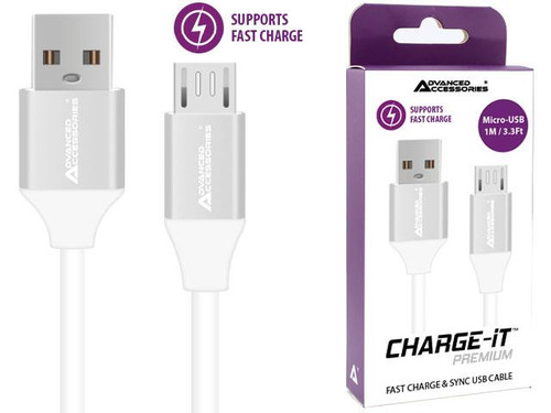 Advanced Accessories CHARGE-IT Premium Micro USB Cable Supports Fast Charge - 1 Metre - White