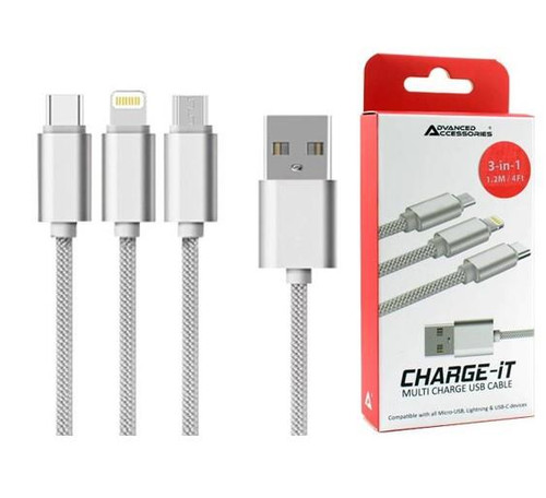 Advanced Accessories CHARGE-iT 3in1 (1.2M) USB Cable - 8 Pin/USB-C/MicroUSB-Silver