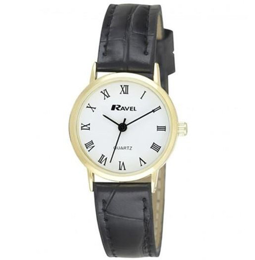 Ravel Ladies Classic Strap Watch Black / Gold / White Roman Numbers R0129.11.2