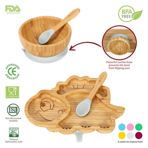 Bamboo Dinosaur Plate Bowl & Spoon Set Suction Bowl Stay-Put Design