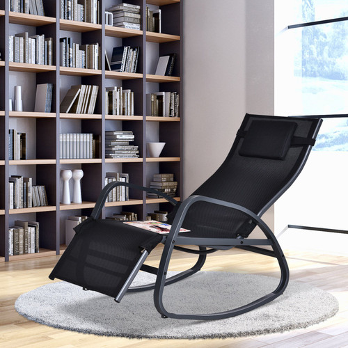 Metal Frame Zero Gravity Rocking Patio Chair w/ Pillow Black