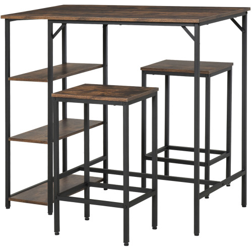3PC Industrial Bar Height Dining Table Set With 2 Stools & Side Shelf,