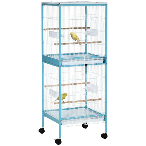 2 In 1 Large Bird Cage Aviary with Wheels, Slide-out Trays Wood Perches