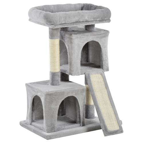 Cat Rest & Play Activity Tree w/ 2 House Cushion Perch Scratching Post Grey
