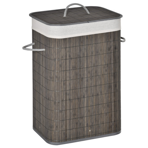 Bamboo Laundry Basket with Flip Lid Foldable, Grey Handles Lining,