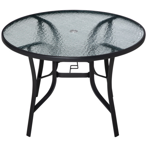 106cm Round Garden Dining Table with Parasol Hole Tempered Glass Top Steel Frame