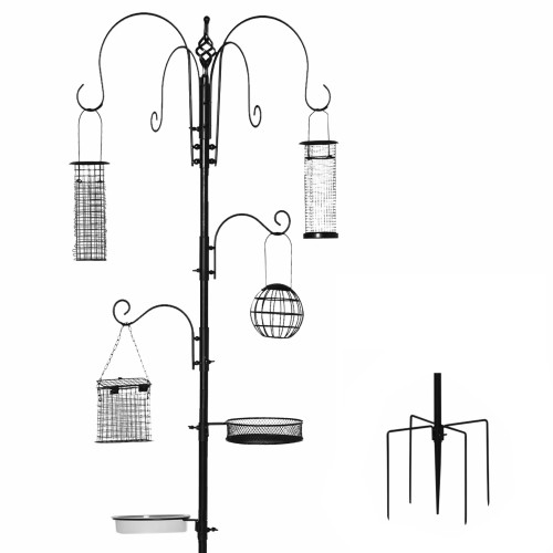 Bird Feeding Station Kit Wild Bird Feeder Pole w/ 6 Hooks 4 Hanging Feeders