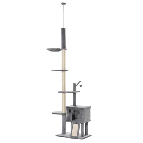 238-270cm Floor to Ceiling Cat Tree Tower w/ Scratching Post Hammock House Grey