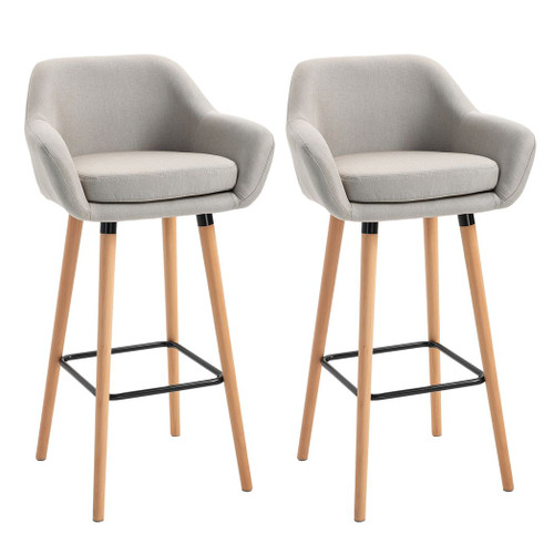 2 PCs Modern Upholstered Fabric Bucket Seat Bar Stools w/ Solid Wood Legs Beige