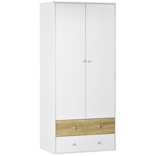 2 Door Wardrobe White Wardrobe with Drawers and Hanging Rod for Bedroom