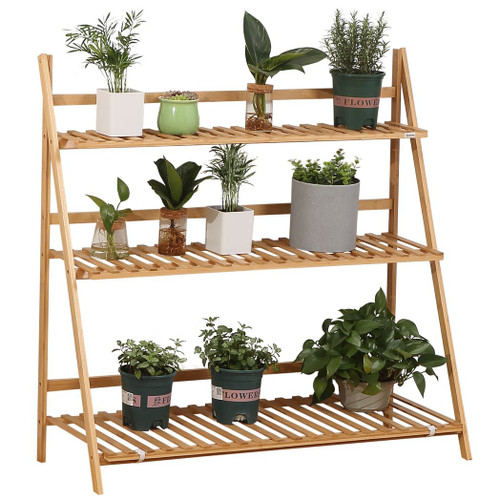 3-Tier Folding Bamboo Plant Stand Display Shelf Rack for Indoor & Outdoor