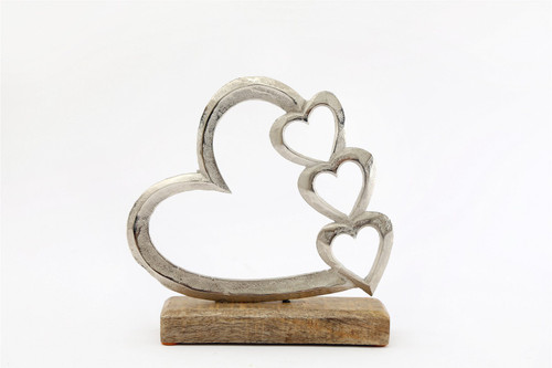 Metal Silver Four Heart Ornament On A Wooden Base Medium