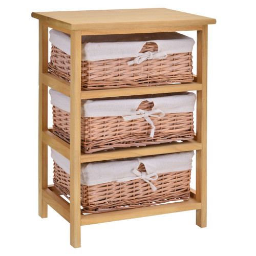 3 Drawer Wicker Basket Storage Shelf Unit Wooden Frame Home Natural