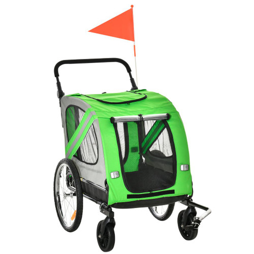 2-In-1 Dog Bike Trailer Stroller w/ Universal Wheel Reflector Flag Green