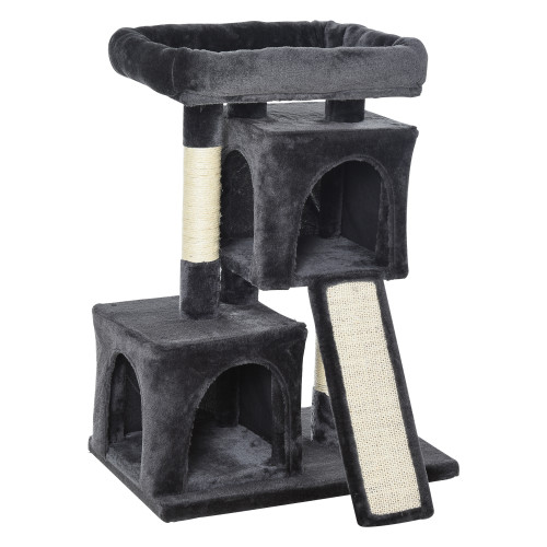 Cat Rest & Play Activity Tree w/ 2 House Perch Scratching Post Black Pawhut