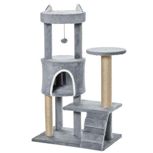 100cm Cat Tree with Climbing Ladder Scratching Post Ball, Light Grey Pawhut