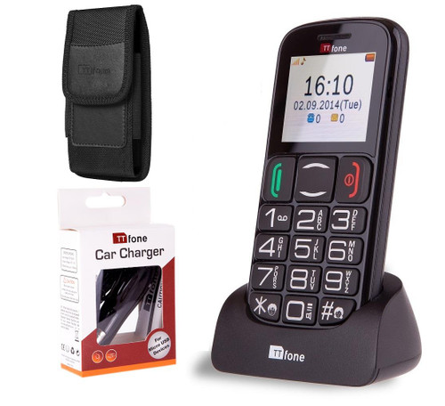 TT200 Mercury 2 Big Button Basic Senior Mobile Phone CB4 Nylon Holster Case, In Car Charger & Vodafone PAYG Sim Card