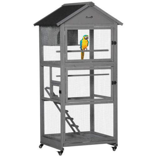 Bird Cage Wooden Aviary for Canary Cockatiel Parrot w/ Wheels Tray