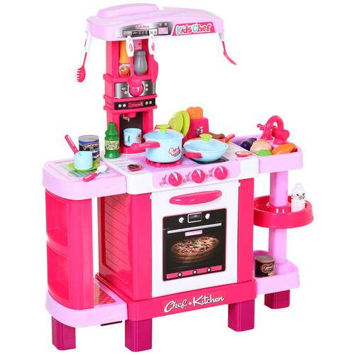 38-Piece Children's Kitchen Play Set Realistic Sounds Lights Food Pink
