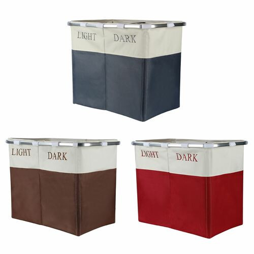Lights and Darks Folding Laundry Sorter Basket Box Bag Bin Hamper Washing Cloths Storage 2 Compartments Metal