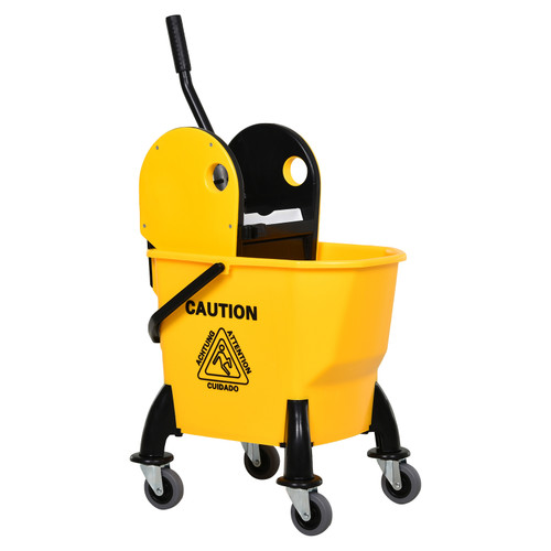 26L Mop Bucket & Water Wringer Wheels Plastic Body Metal Handle Yellow