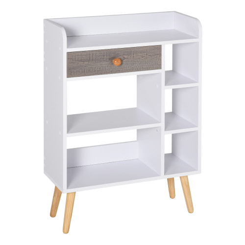 Multi-Shelf Bookcase Freestanding Storage Drawer Shelves Wood Leg White