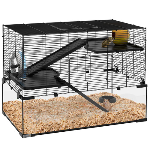 3 Tiers Hamster Cage w/ Deep Glass Bottom, Dish, Hut, 78.5 x 48.5 x 57cm