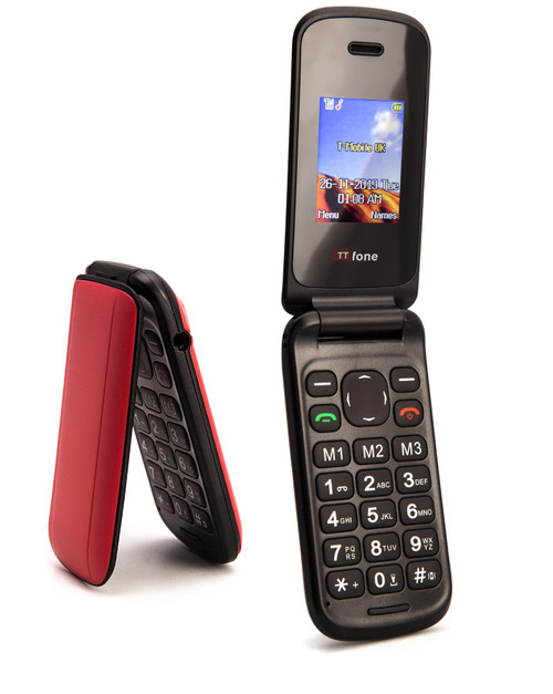 TTfone TT140 RED Camera Bluetooth Cheapest Folding Easy Mobile Phone with Mains Charger and Vodafone PAYG Sim Card