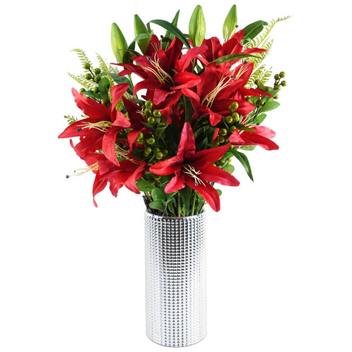 70cm Red Lily Display Silver Glass Vase