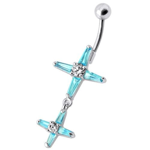 Fancy Double Cross Jeweled Silver Dangling With SS Bar Belly Ring