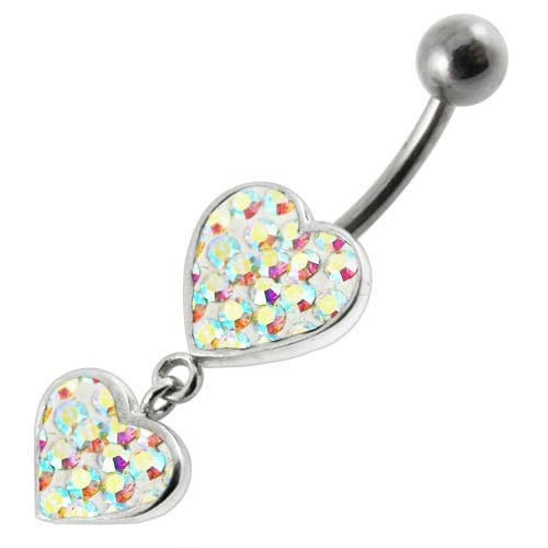 Fancy Double Red Jeweled Heart Dangling SS Bar Navel Ring