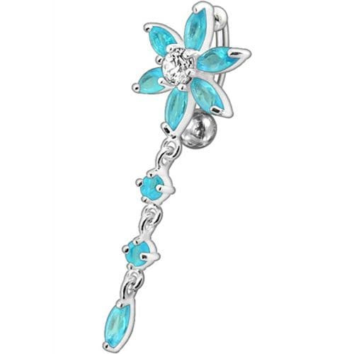 Fancy  Flower With Long Tail Jeweled Dangling Navel Ring