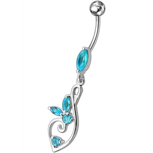 Silver Fancy Flower Jeweled Dangling  SS Bar Belly Body Ring