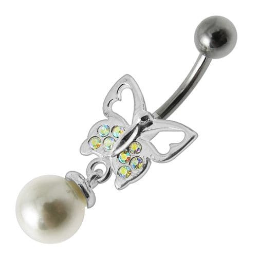 Fancy Butterfly Jeweled Pearl Dangling Curved Belly Ring Body Jewelry