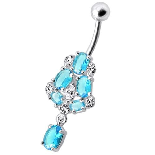 Silver Fancy Jeweled Dangling Navel Ring Body Jewelry