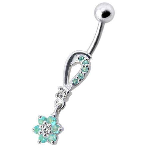 Fancy  Jeweled Dangling Flower SS Banana Belly Ring