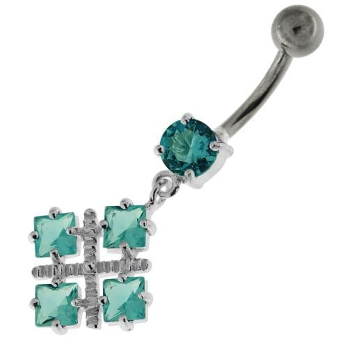Four Square Jeweled Sterling Silver Navel Bar