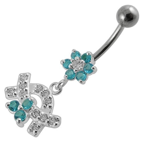 Jeweled Curve With Flower Silver Dangling Banana Bar Navel Belly Ring