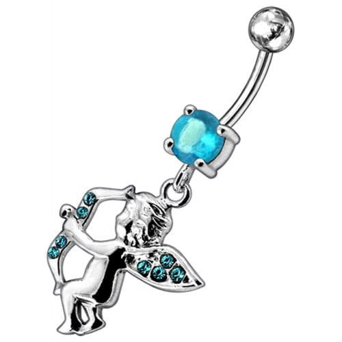 Jeweled Fancy  Angel Silver Dangling SS Bar Curved Belly Ring