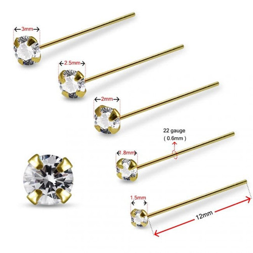 14ct Solid Gold Prong Setting Clear CZ Nose Stud Straight End Nose Pin
