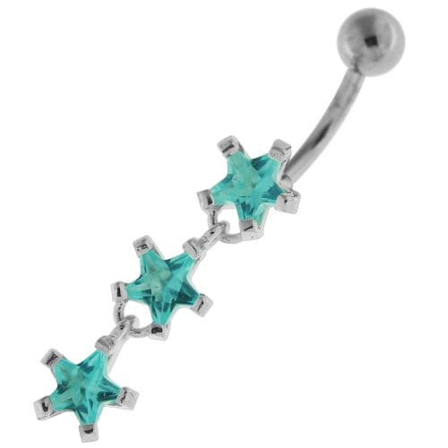 Dangling Tri Stars Sterling Silver Navel Belly Button Bar