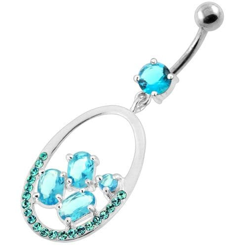 925 Sterling Silver Jeweled Oval Cut out Belly Ring