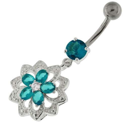 Jeweled Filigree Flower Sterling Silver Belly Button Ring